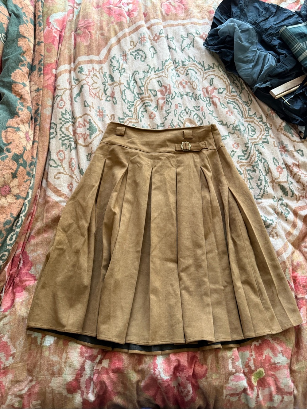 Pleated Tan A-Line Skirt with Side Buckle